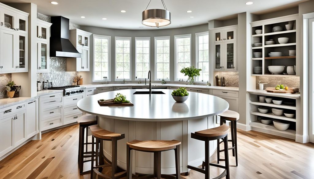 modern farmhouse kitchen island with circular barstools